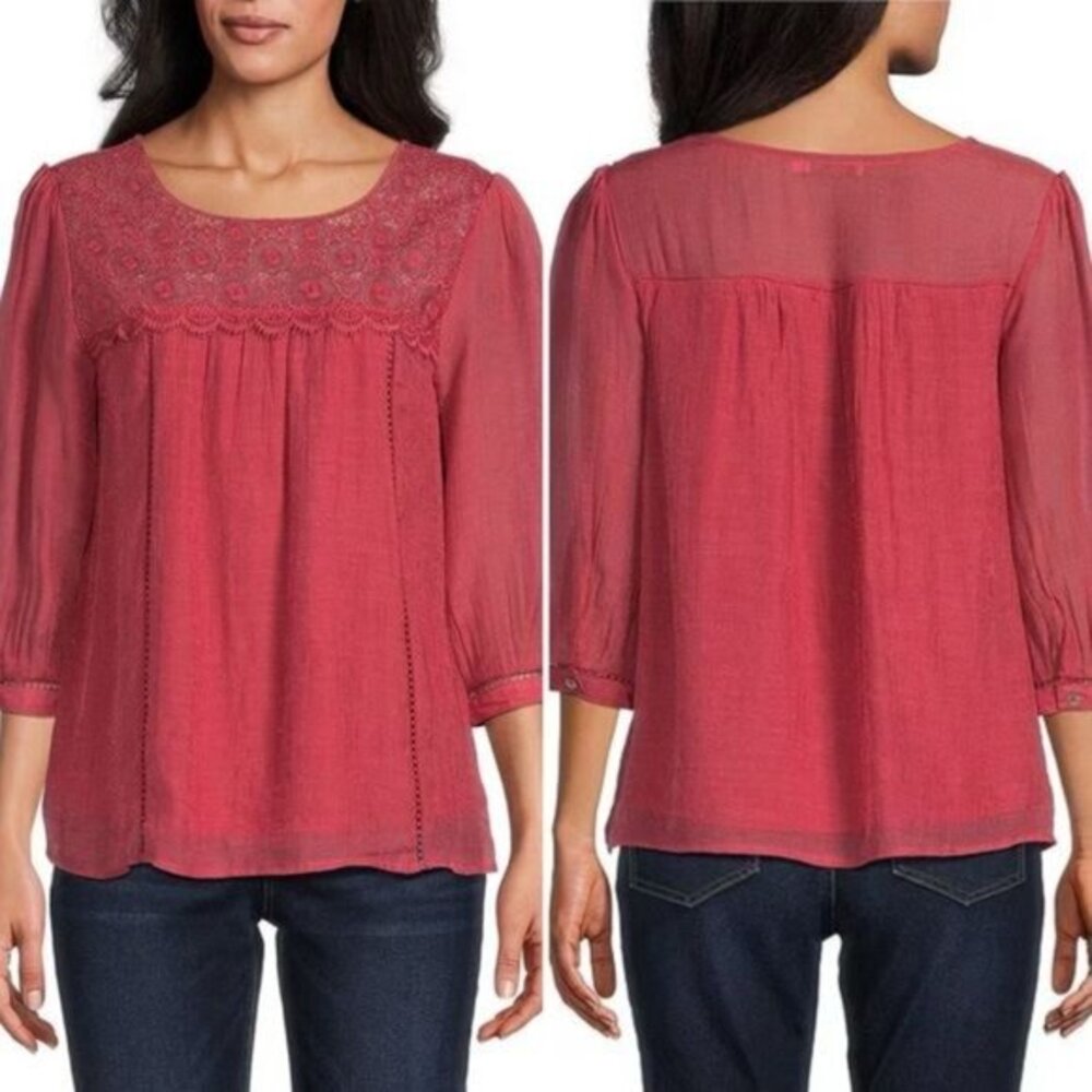 Figueroa & Flowers orange peasant‎ lace yoke scoop neck 3/4 sleeve blouse top S - Picture 11 of 11